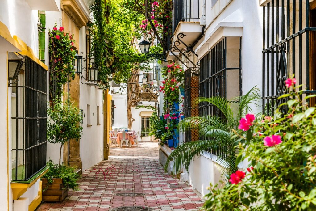 charming marbella street with flowers and balconies
