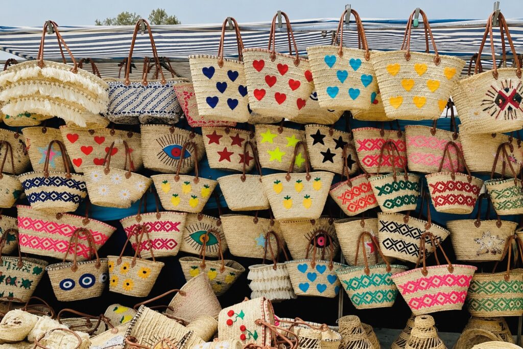 colorful handmade straw bags at spanish market