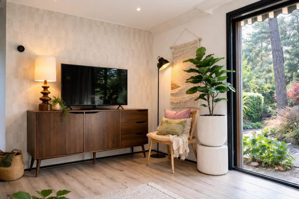 gezellige woonkamer met tuinzicht bos tinyhouse pippa