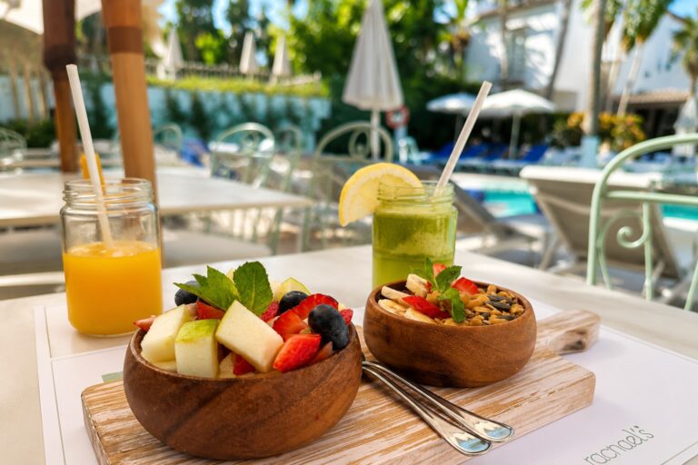 healty breakfast by the pool in marbella spain