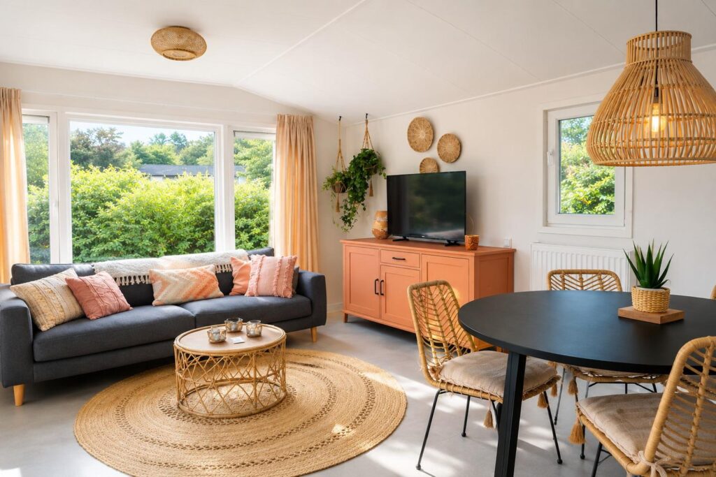 lichte boho woonkamer met riet accenten tinyhouse sam
