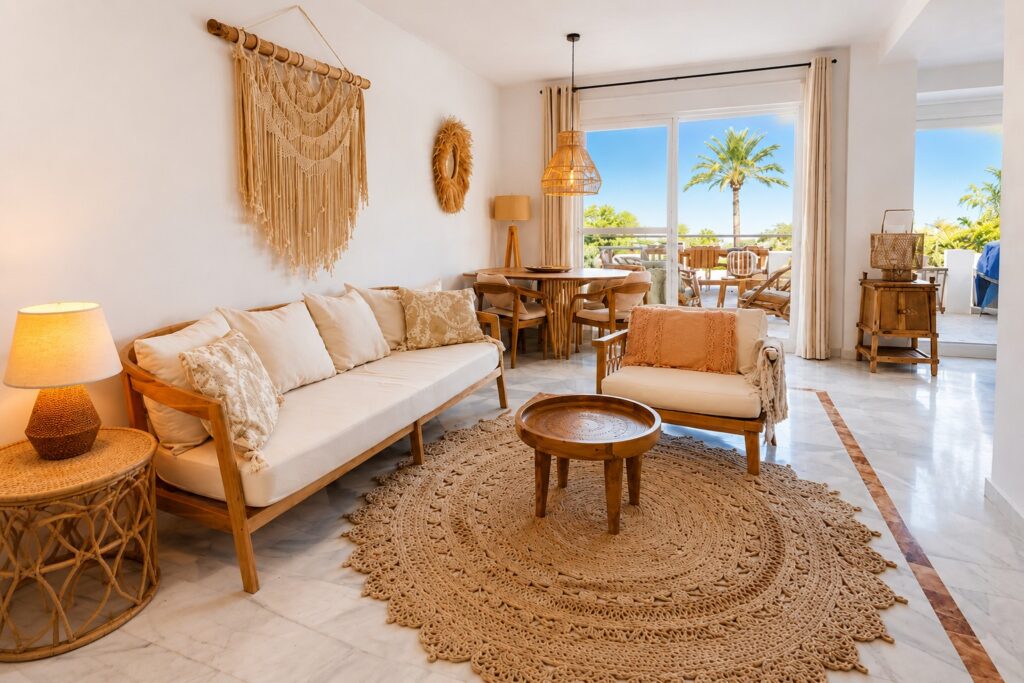 moderne boho woonkamer met uitzicht