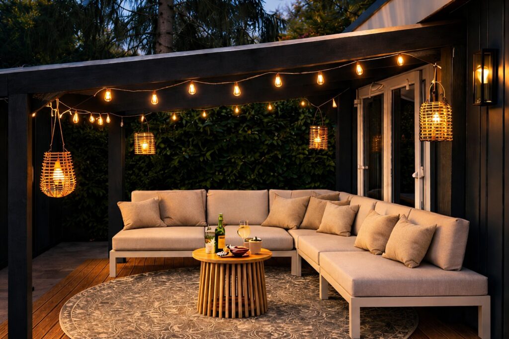 overdekte veranda met warm licht tinyhouse julia