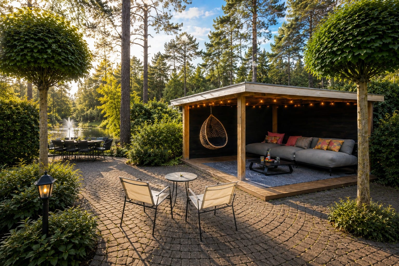 Pergola aan de vijver bij Tiny House Pippa