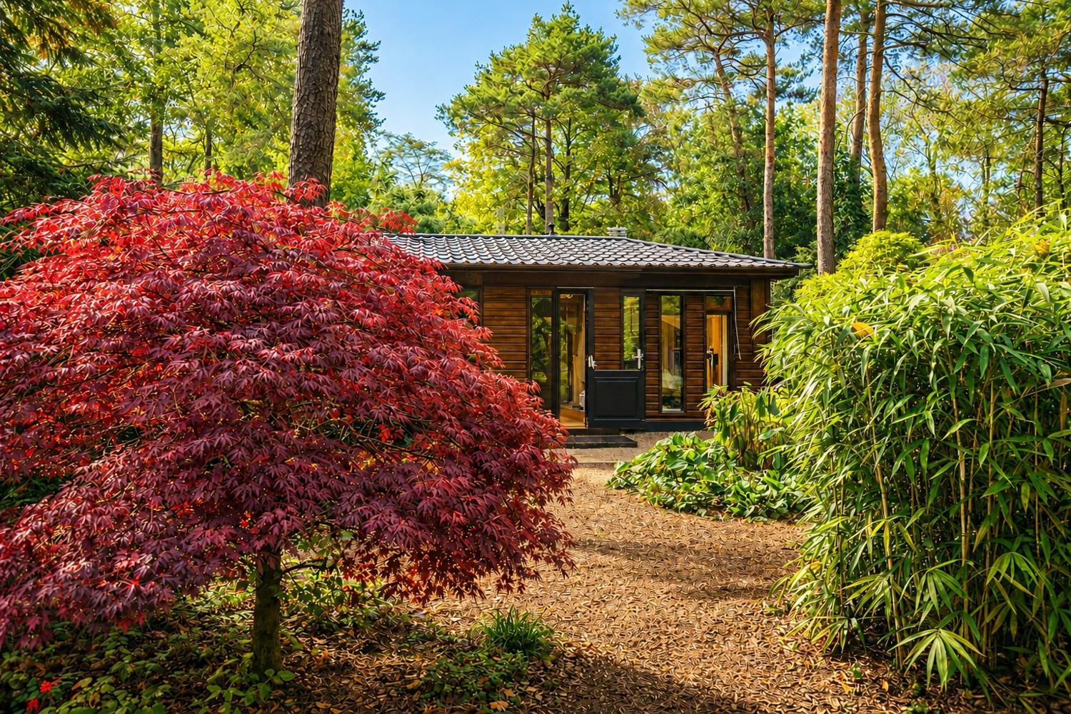 rustiek tuinpad naar houten huis tinyhouse pippa