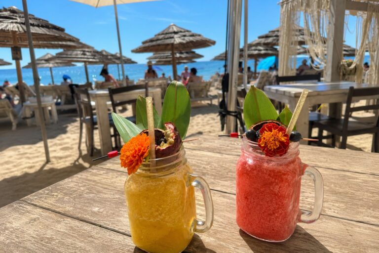 tropical smoothie and healthy breakfast by the beach