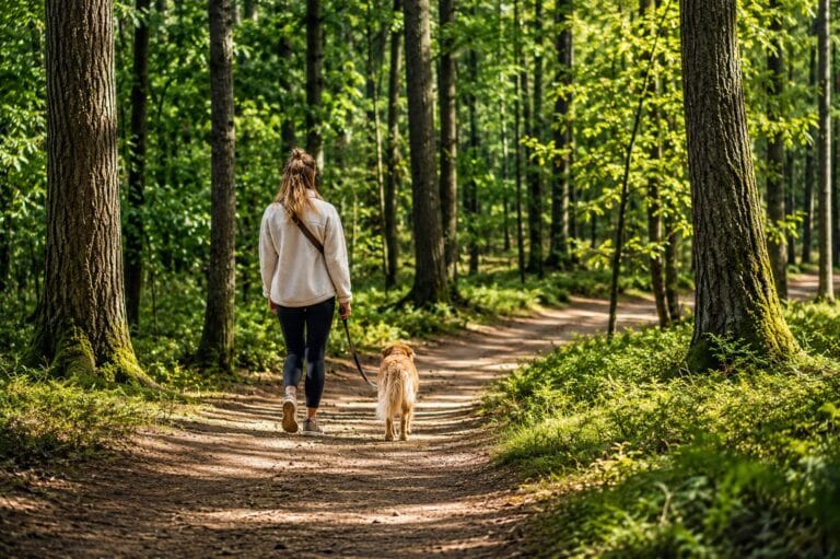 boswandeling met hond in zonlicht blog 1