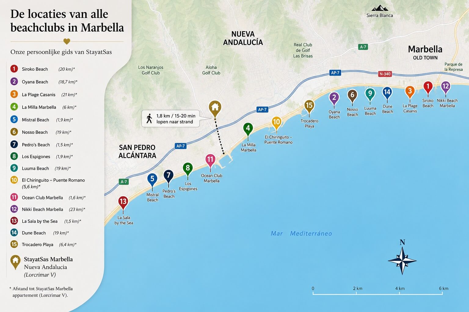 Übersichtskarte von Beachclubs rund um Marbella
