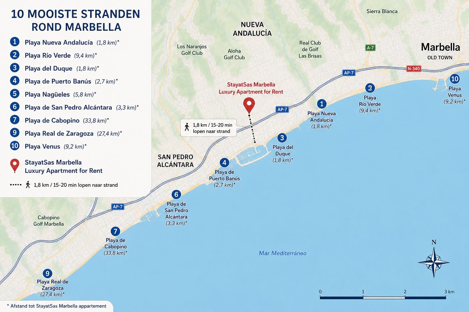 Übersichtskarte der schönsten Strände rund um Marbella