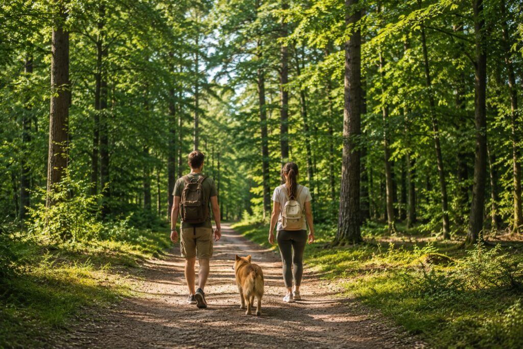 Wandelen met een hond door de bossen op de Veluwe