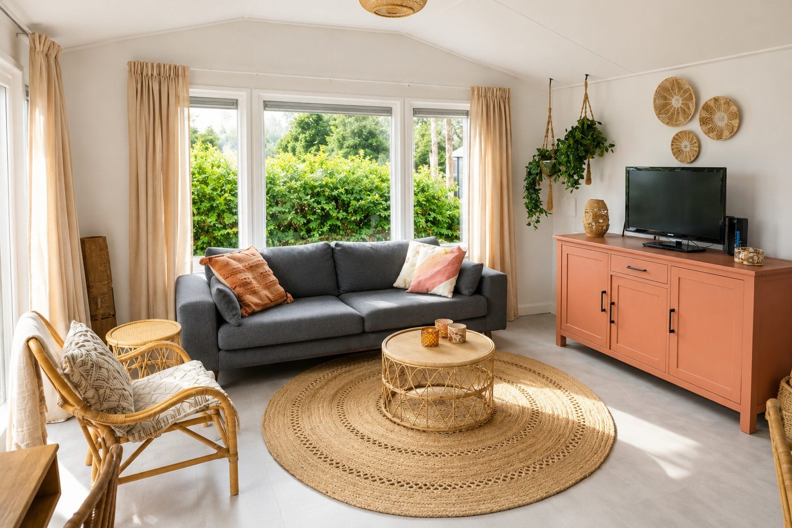 Woonkamer met zithoek en televisie in Tiny House Sam