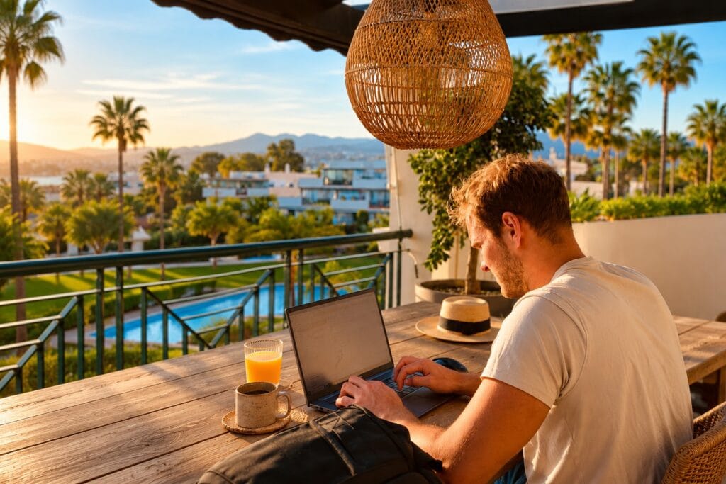 remote work on terrace holiday apartment marbella