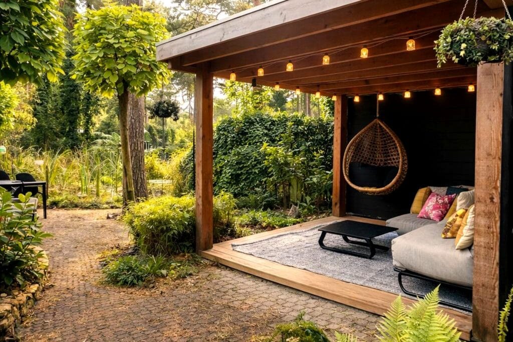 tiny house met overdekte veranda met hangstoel op de veluwe