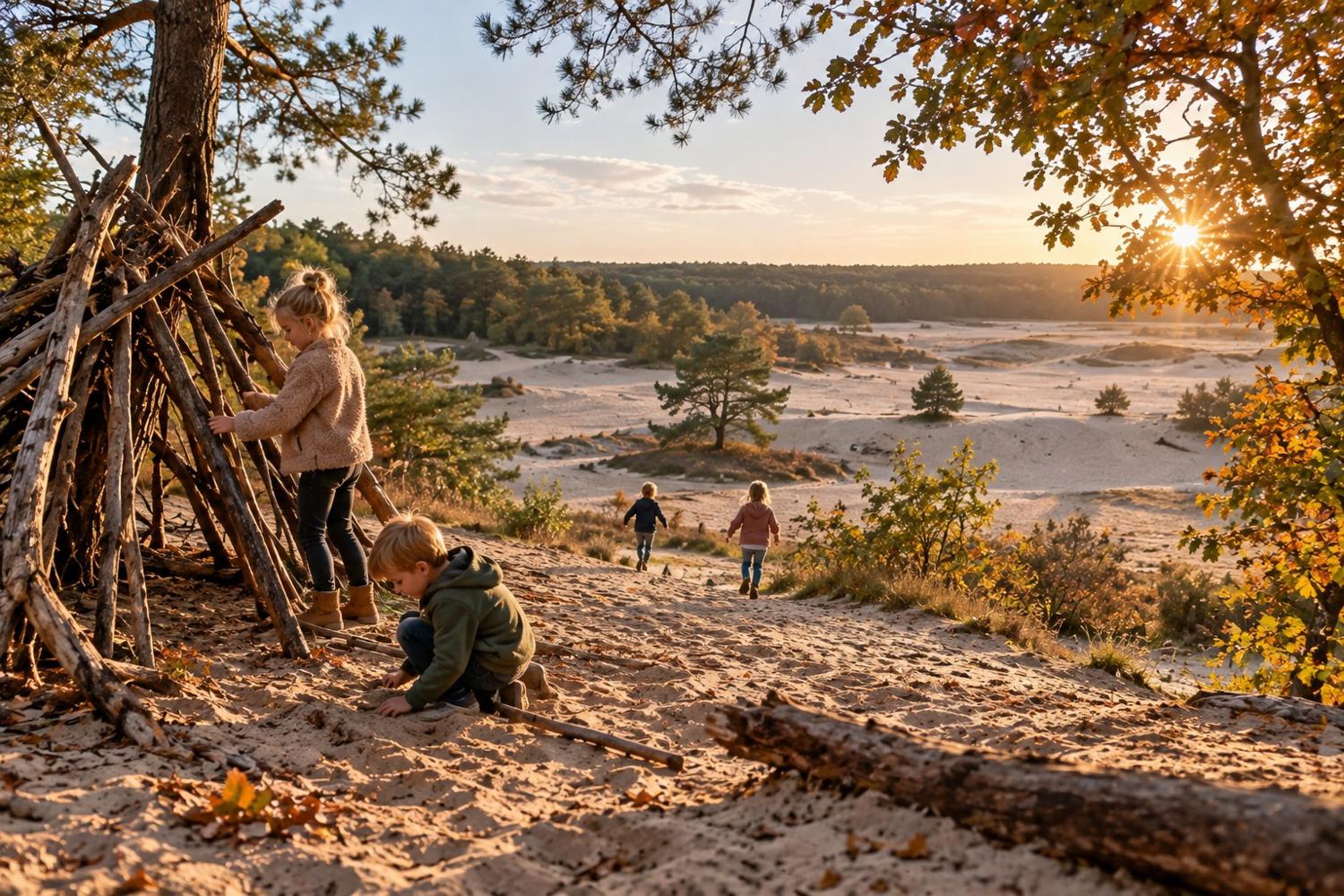 Kinderen spelen op een zandverstuiving op de Veluwe