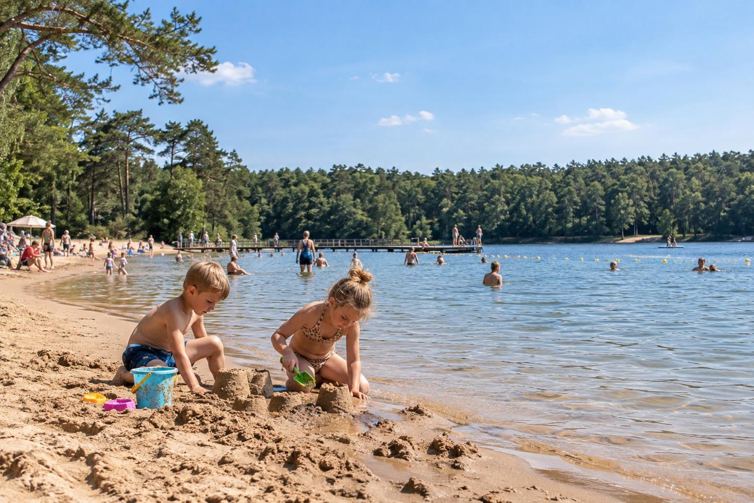 Zandstrand en zwemwater van de Zandenplas in Nunspeet