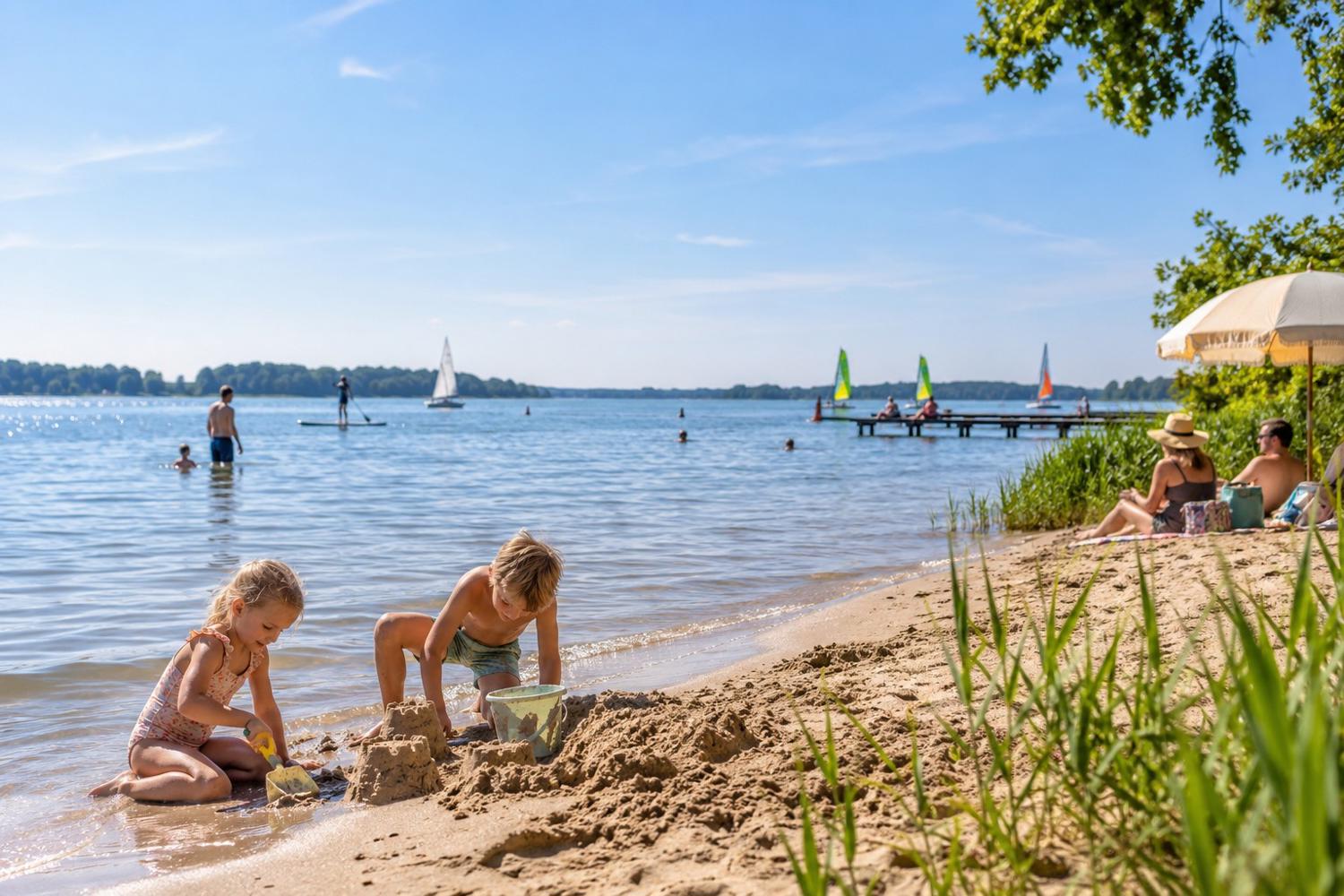 Kinderen zwemmen en spelen aan het Veluwemeer