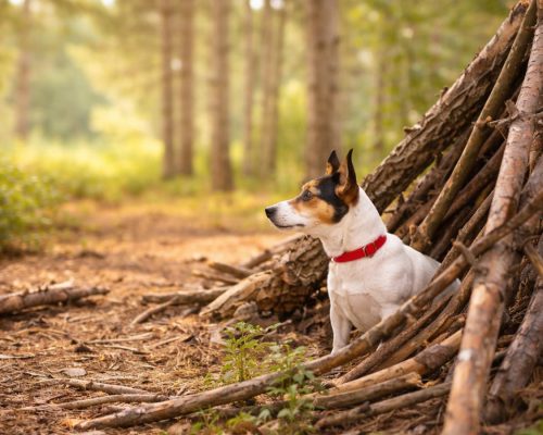 Hond liggend in bosrijke natuur bij boomstam