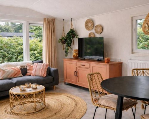 Gezellige woonkamer met tv en houten meubels