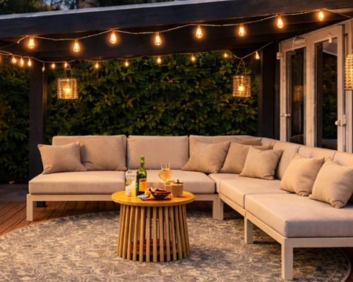 Overdekt terras met loungebank en verlichting op de Veluwe