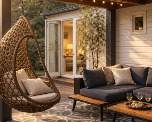 Overdekt terras met comfortabele stoelen