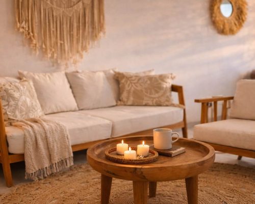 Open plan living space in Marbella apartment with cozy interior